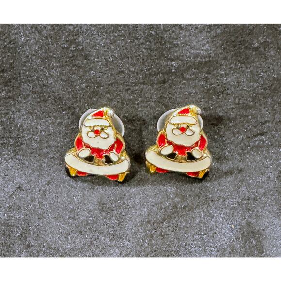 Vintage Enamel Santa Claus Stud Earrings – Holiday Christmas Pierced Posts E158 - Picture 2 of 3